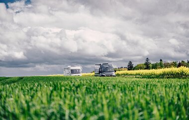 Ein grüne Wiese, dahinter fahren ein weißes und ein graues Wohnmobil. Im Hintergrund ist ein gelbes Rapsfeld. Odenwald. | © Touristikgemeinschaft Odenwald e.V