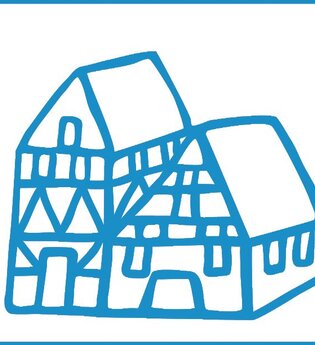 Logo mit blau illustriertem Fachwerkhaus auf weißem Hintergrund