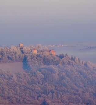 Luftbildaufnahme mit Blick auf die Burg Neuhaus in Igersheim. Die Burg steht auf einem Berg und ist von Wald umgeben. Im Tal ist Nebel zu sehen. | © Liebliches Taubertal