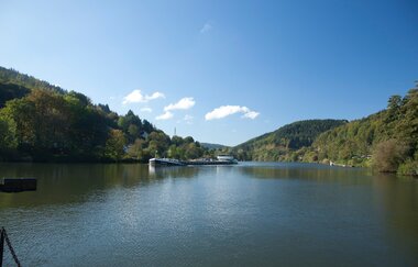 Blick auf den ruhig fließenden Neckar im Vordergrund. In der Mitte ist ein Frachtschiff erkennbar. Beide hügeligen Uferseiten sind bis an das Ufer bewaldet. | © Landratsamt Rhein-Neckar-Kreis